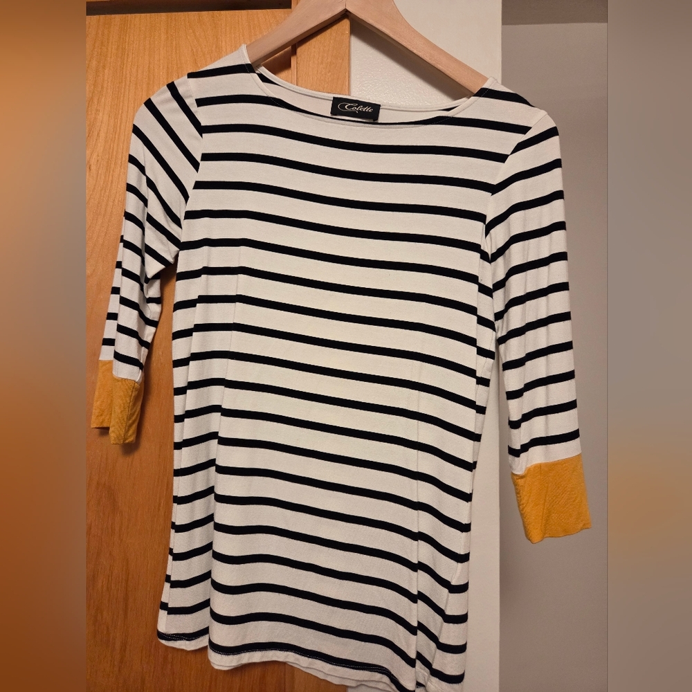 Cato Black and White Striped Top with Yellow Sleeves (3/4 Sleeves)